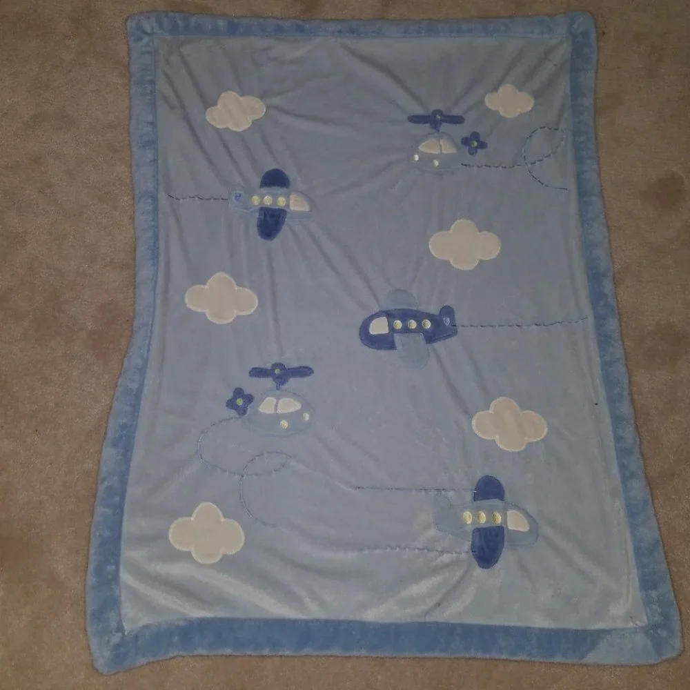 Carter's Just One Year Blue Airplanes Baby Blanket Lovey Green Helicopter Cloud